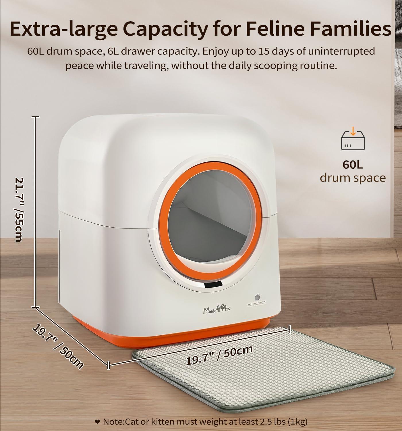 60L Automatic Cat Litter Box, Smart App Control, Deodorizing, Infrared Sensor - AELYOS