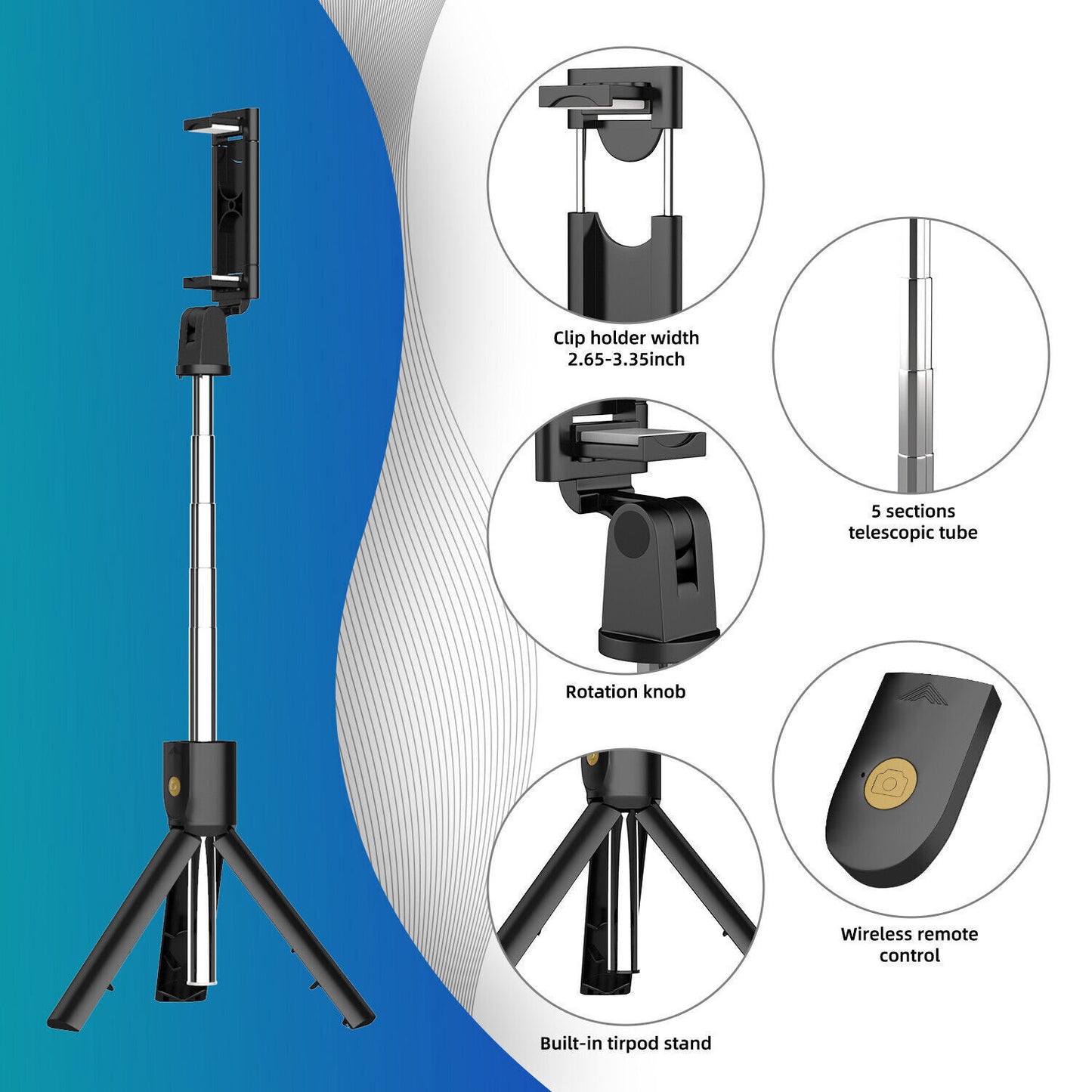 3-in-1 Universal Selfe Sick Tripod Stand For Cell Phone With Bluetooth Remote - AELYOS