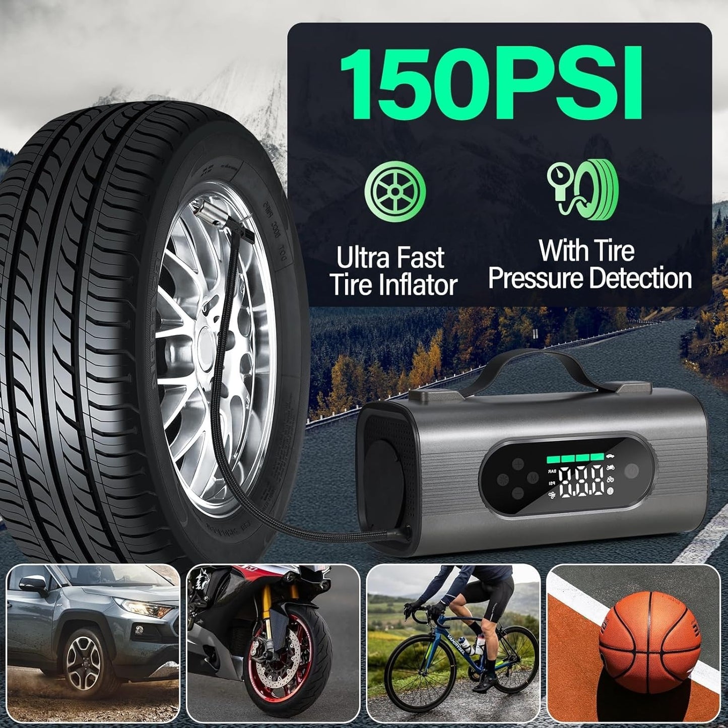 Newest 8 In 1 Portable Car Battery Starter With Air Compressor - AELYOS