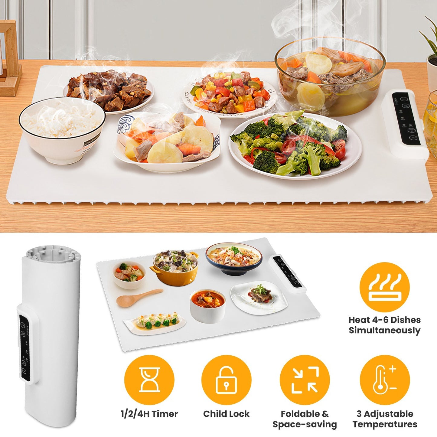 Electric Warming Tray Smart Food Warmer Roll Up Heating Pad With Adjustable Temperature Control 3 Auto Timer Settings - AELYOS