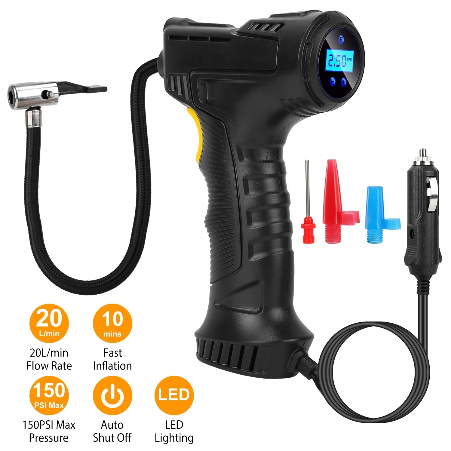 Portable Car Tire Inflator DC 12V Digital Car Air Compressor Electric Air Inflator With LED Light 150PSI - AELYOS