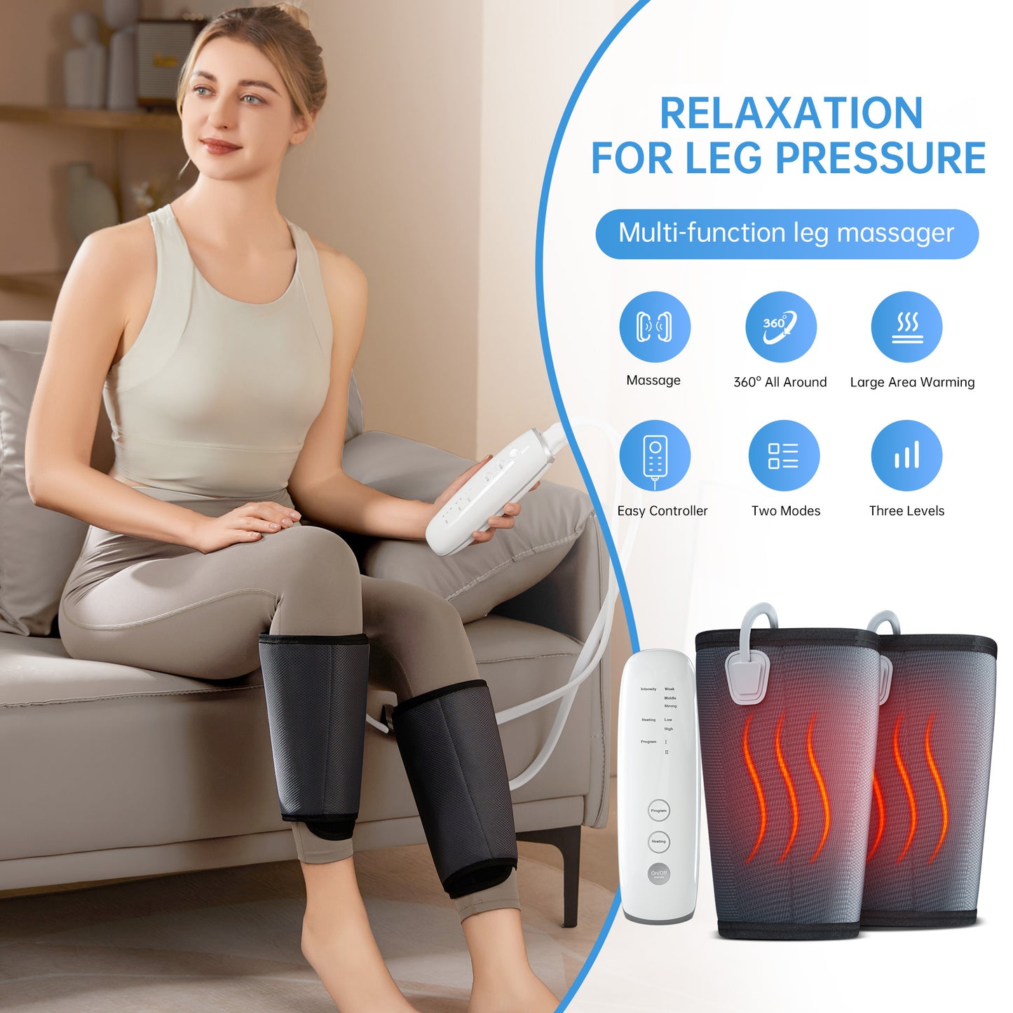 Intelligent Leg Massage Device - 3 Levels Of Pressure And Heat Therapy Leg Relaxation Therapy Tool - AELYOS
