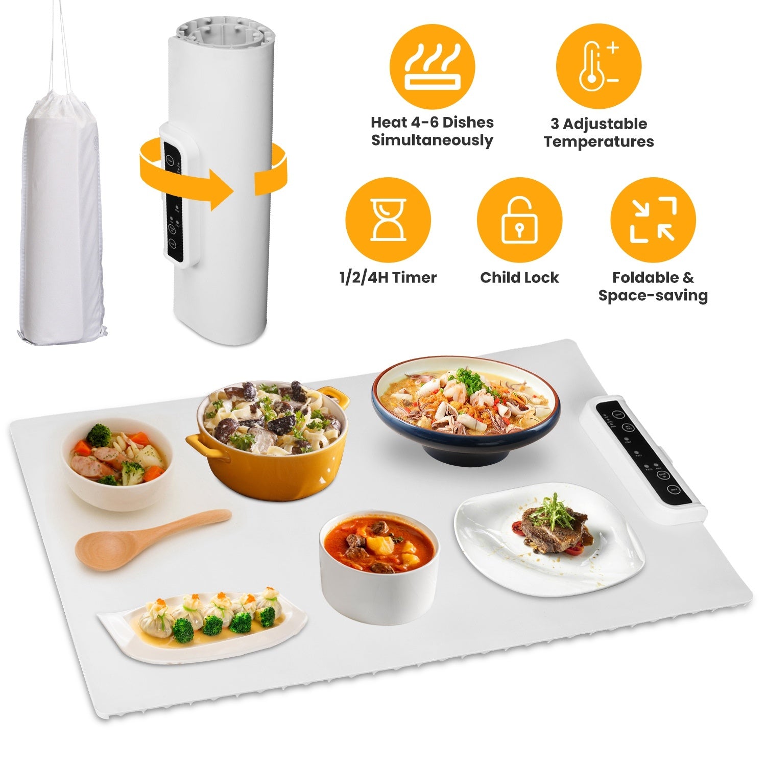 Electric Warming Tray Smart Food Warmer Roll Up Heating Pad With Adjustable Temperature Control 3 Auto Timer Settings - AELYOS