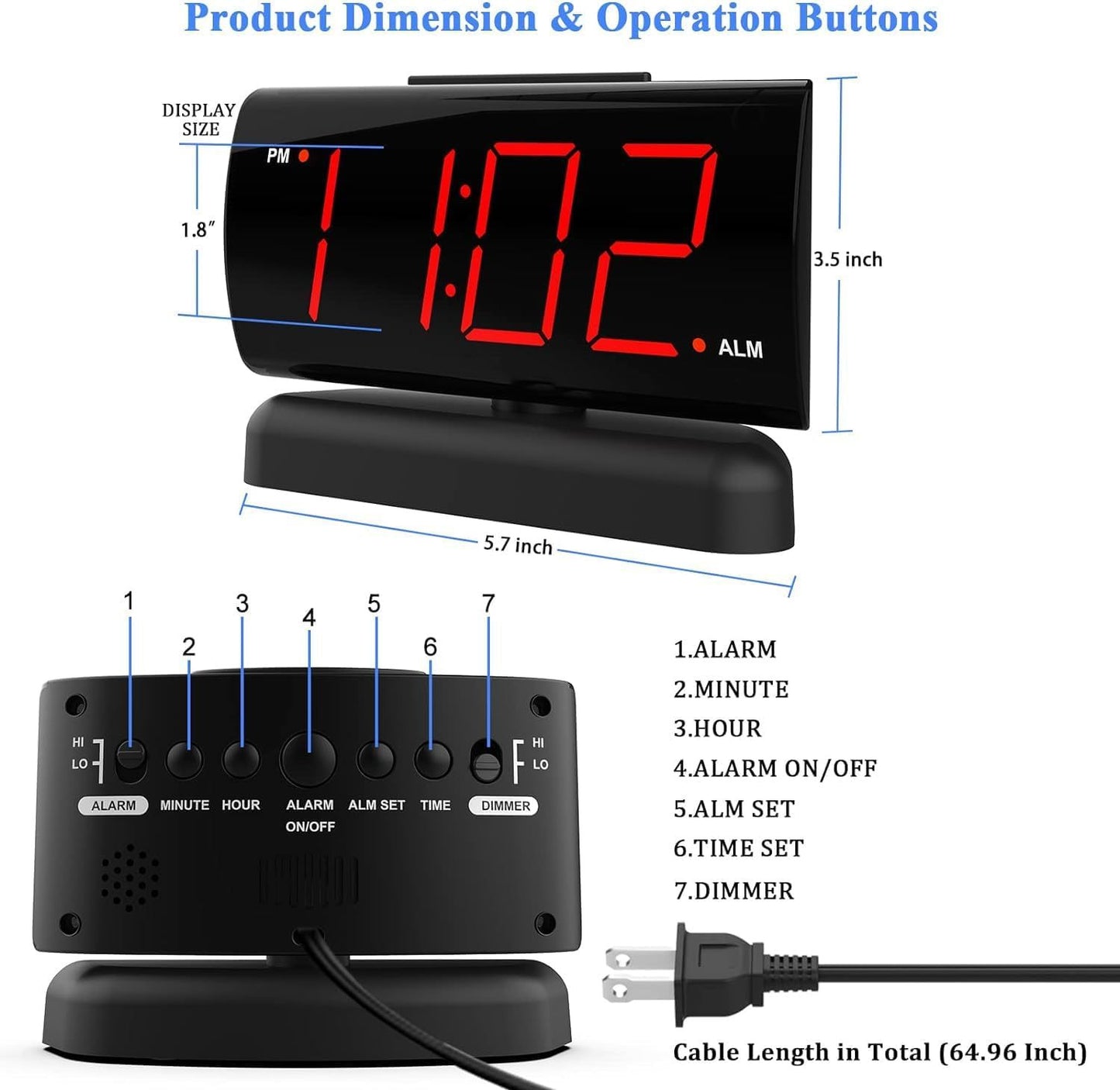 Bedside Alarm Clock Large Digital Rotating Base, 2-level Brightness Digital Clock - AELYOS