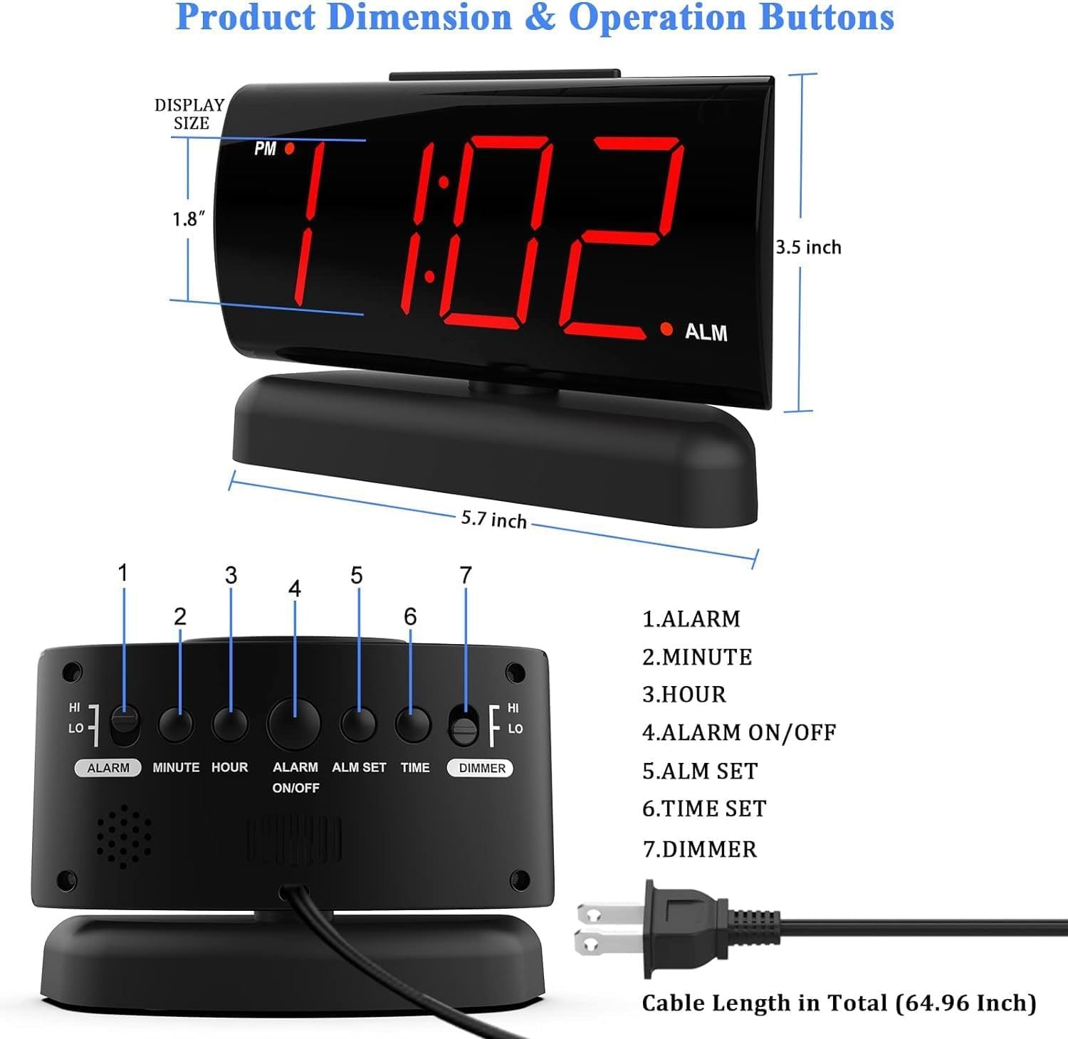 Bedside Alarm Clock Large Digital Rotating Base, 2-level Brightness Digital Clock - AELYOS