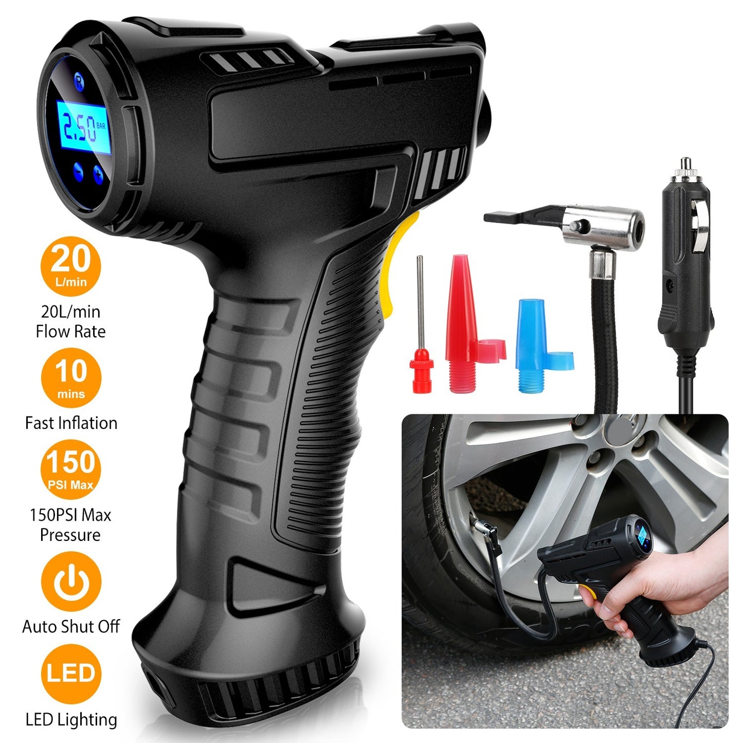 Portable Car Tire Inflator DC 12V Digital Car Air Compressor Electric Air Inflator With LED Light 150PSI - AELYOS