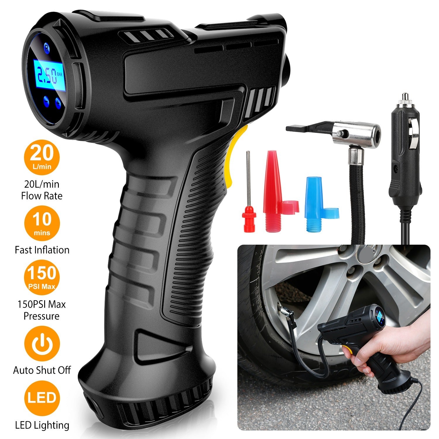 Portable Car Tire Inflator DC 12V Digital Car Air Compressor Electric Air Inflator With LED Light 150PSI - AELYOS