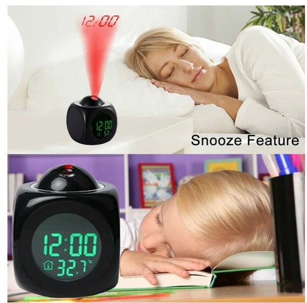LED Projection Alarm Clock Digital LCD Display Voice Talking Weather Snooze USB - AELYOS
