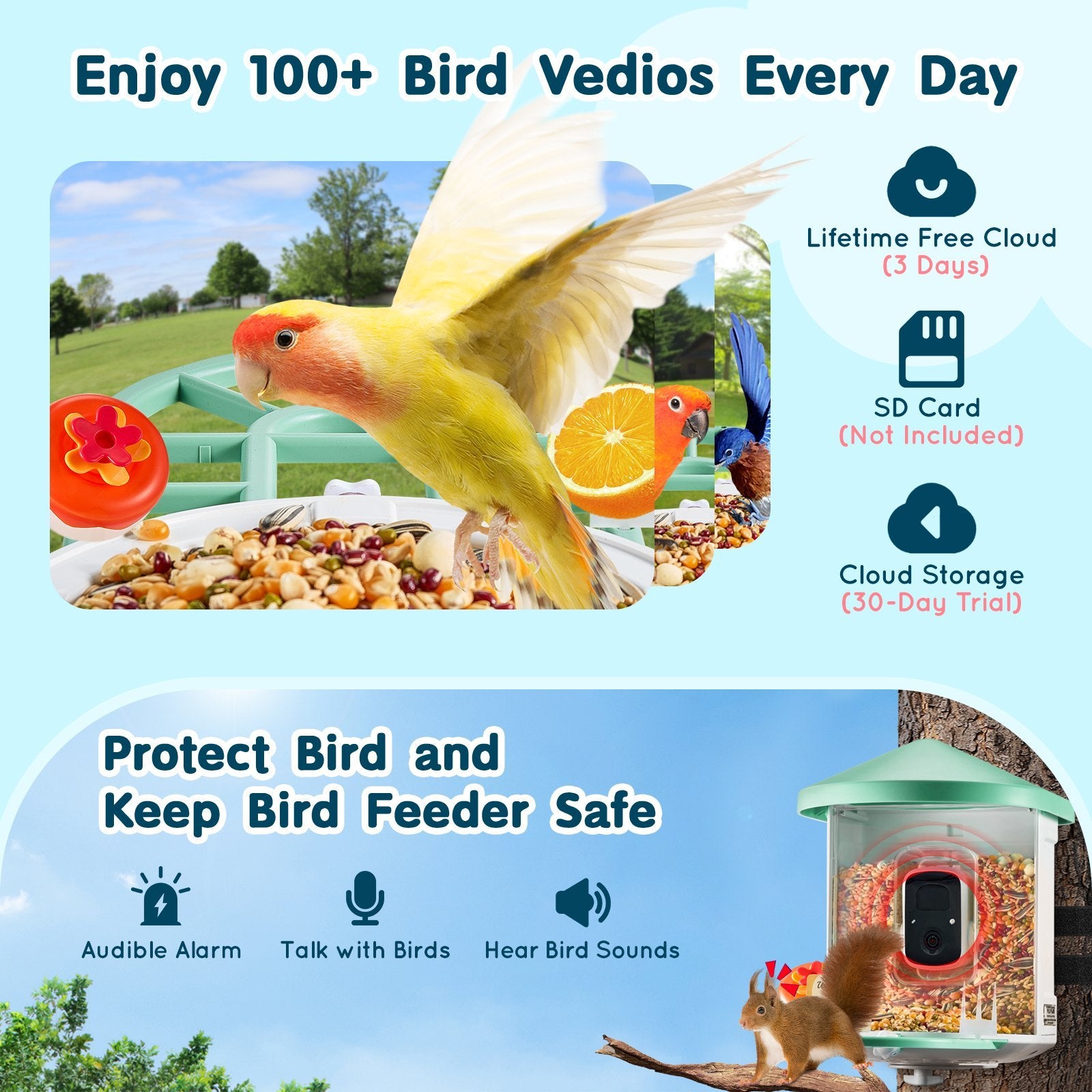 VEVOR Smart Bird Feeder With Camera 2K HD AI Identify Bird Species Auto Capture - AELYOS