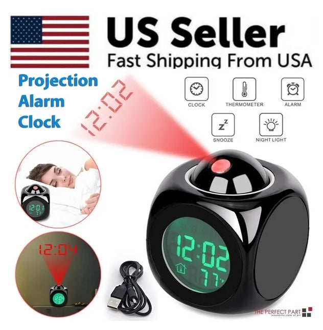 LED Projection Alarm Clock Digital LCD Display Voice Talking Weather Snooze USB - AELYOS