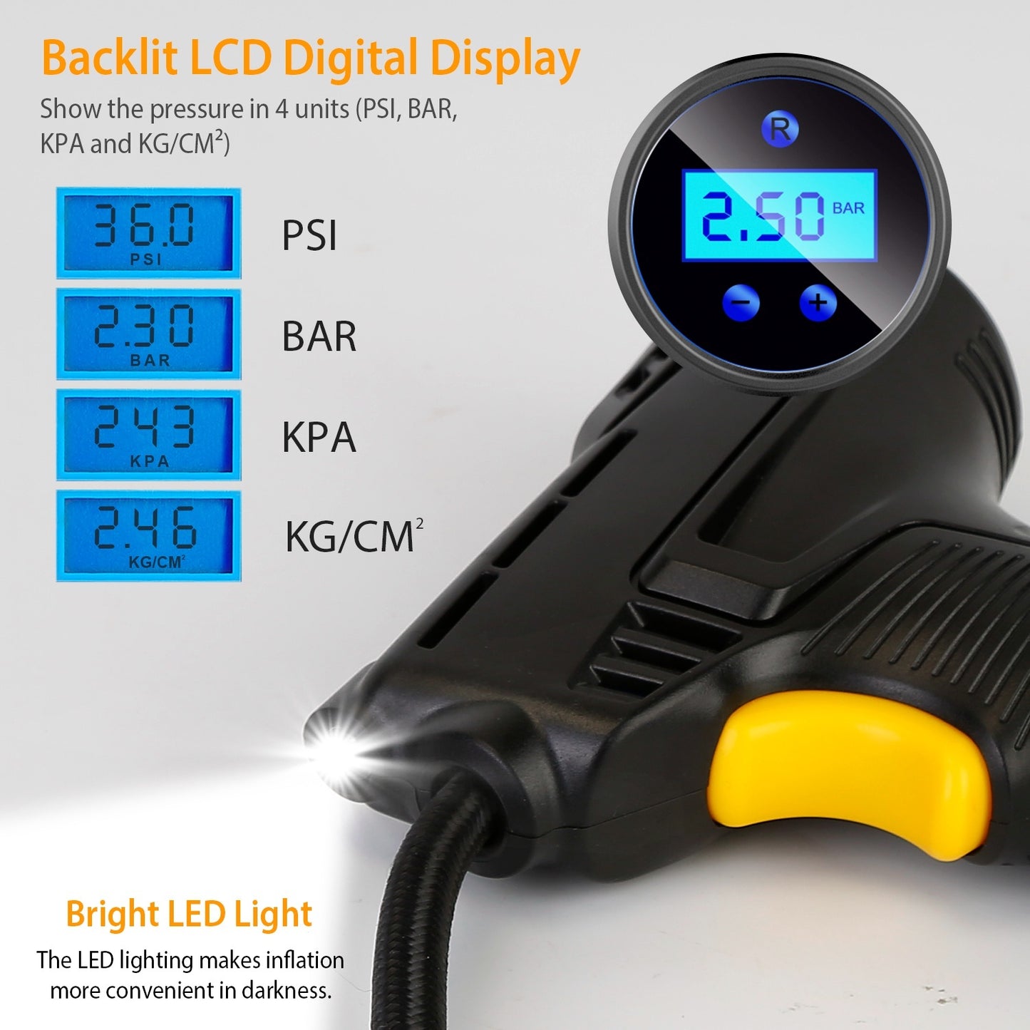 Portable Car Tire Inflator DC 12V Digital Car Air Compressor Electric Air Inflator With LED Light 150PSI - AELYOS