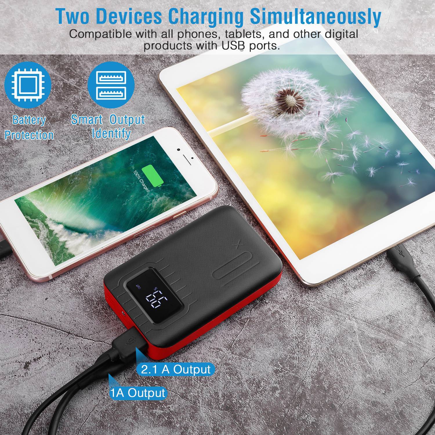 1Pc 1W MAh Portable Power Bank External Battery Pack Charger Dual USB Charge Interface With LCD Display Flashlight Type C Micro USB Lightning Input - AELYOS